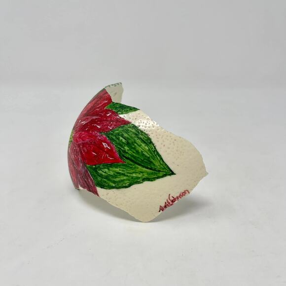 Hand Painted Red Poinsettia Flower Partial Ostrich Egg Signed Nebraska Artist - Picture 5 of 6